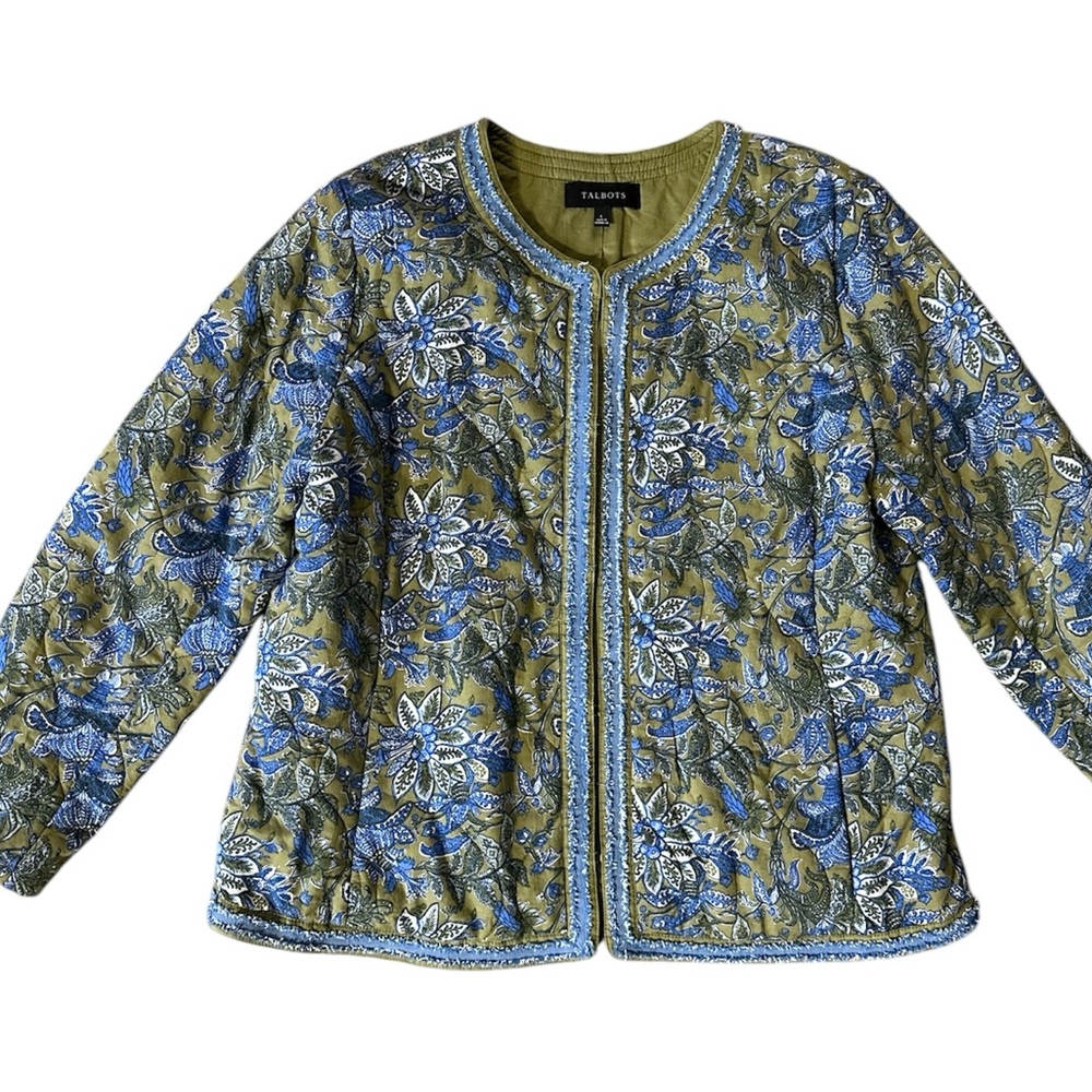 Talbots Olive & Blue Quilted Floral Jacket with Hook & Eye Closures. Large. 40”B